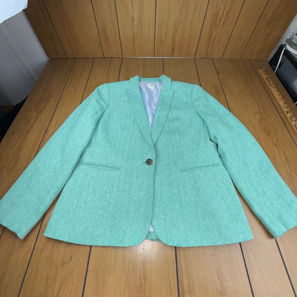 J. Crew Womens Blazer 14 Green White Herringbone Linen Cotton Single Button